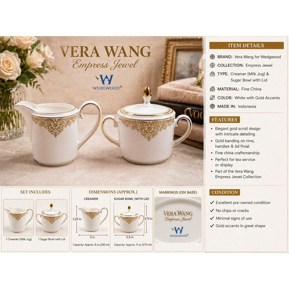 Vera Wang Wedgwood Empress Jewel Bone China Sugar Bowl and Creamer Set Gold Trim